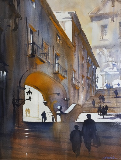 Steps of Girona - Spain Thomas W Schaller - Watercolor Fabriano Artistic Paper, 140 lb. The final studio piece was derived almost in full from my site sketch rather than from reference photos. I followed the lead of the sketch to show only the essential elements in the work - the strong and dynamic range of deep,luminous darks, to the saved white paper of the highest lights. And the sense of warm, reflected sunlight - illuminating even the deep arch and cornice - was suggested by the use of complementary color - primarily in the blue / orange range. 