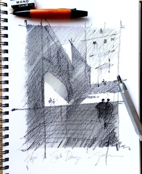 Value / Composition Study - Steps of Girona - Spain Graphite on Stillman & Birn Beta Series Sketchbook Paper 12x9 inches - 2015 Though a site sketch of real things in a real place, what I was drawn to here and tried to emphasize, was the compelling and abstract pattern of bright lights and deeply etched darks. I arranged three basic values - light, dark, and mid-tones in a vertical pattern to emphasize the narrative of the work - the upward climb from the cool shadows below into the hot sun of this Spanish city above. 