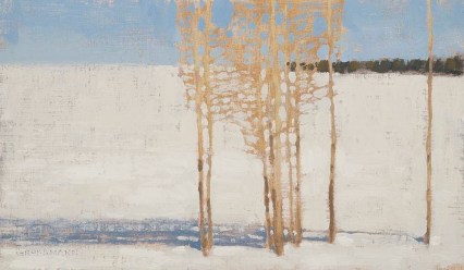 Aspen and Shadows on Bright Snow, 7x12 inches, Oil on Linen Panel, small